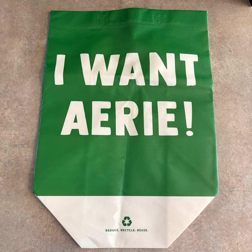 Aerie Reusable Shopping Bag Tote Green White I Want Aerie Large Vinyl